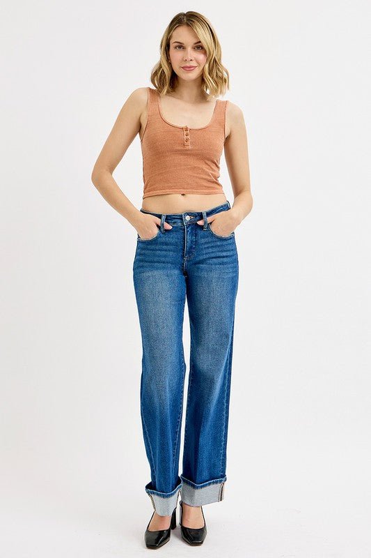 Risen Tummy Control Mid Rise Wide Leg Cuffed Jeans
