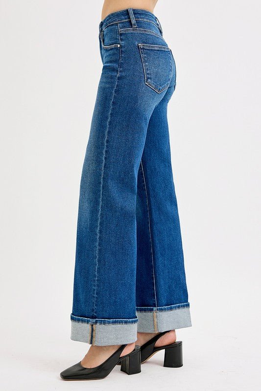 Risen Tummy Control Mid Rise Wide Leg Cuffed Jeans - LECCE