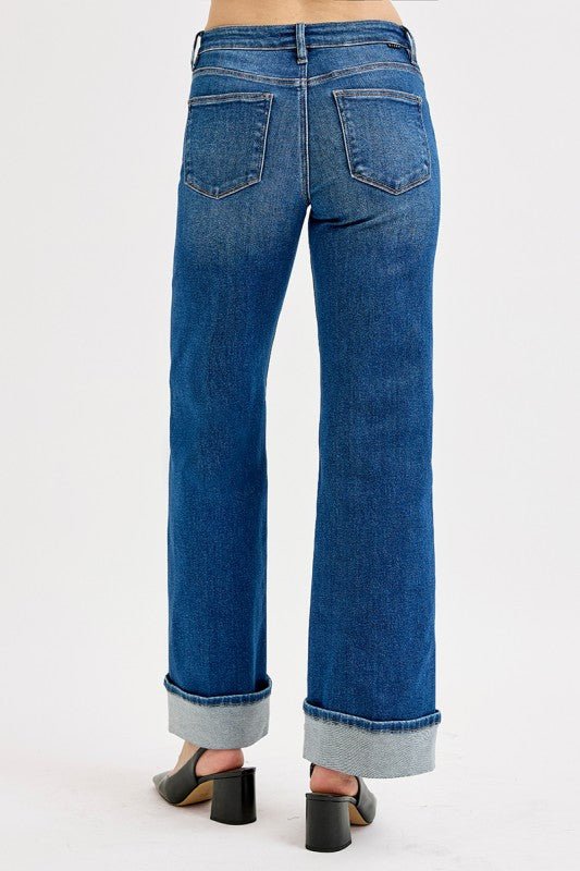 Risen Tummy Control Mid Rise Wide Leg Cuffed Jeans - LECCE