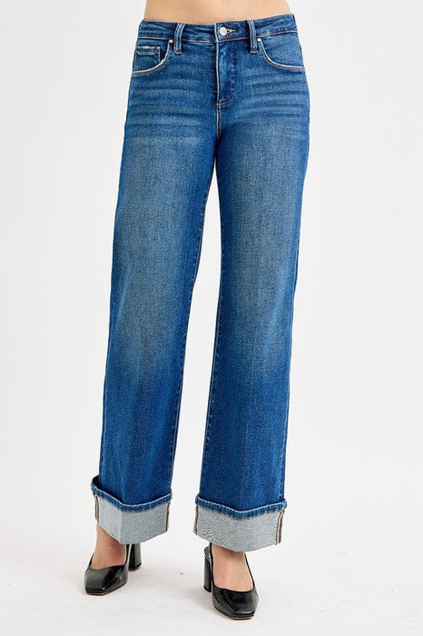 Risen Tummy Control Mid Rise Wide Leg Cuffed Jeans - LECCE