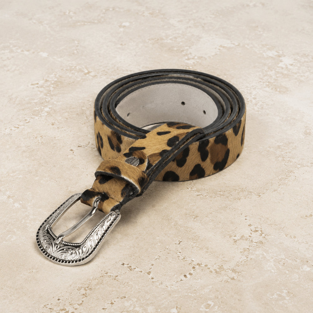 Rock On leopard hair-on belt on cream stone