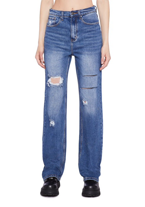 Distressed Straight Leg Denim Jeans