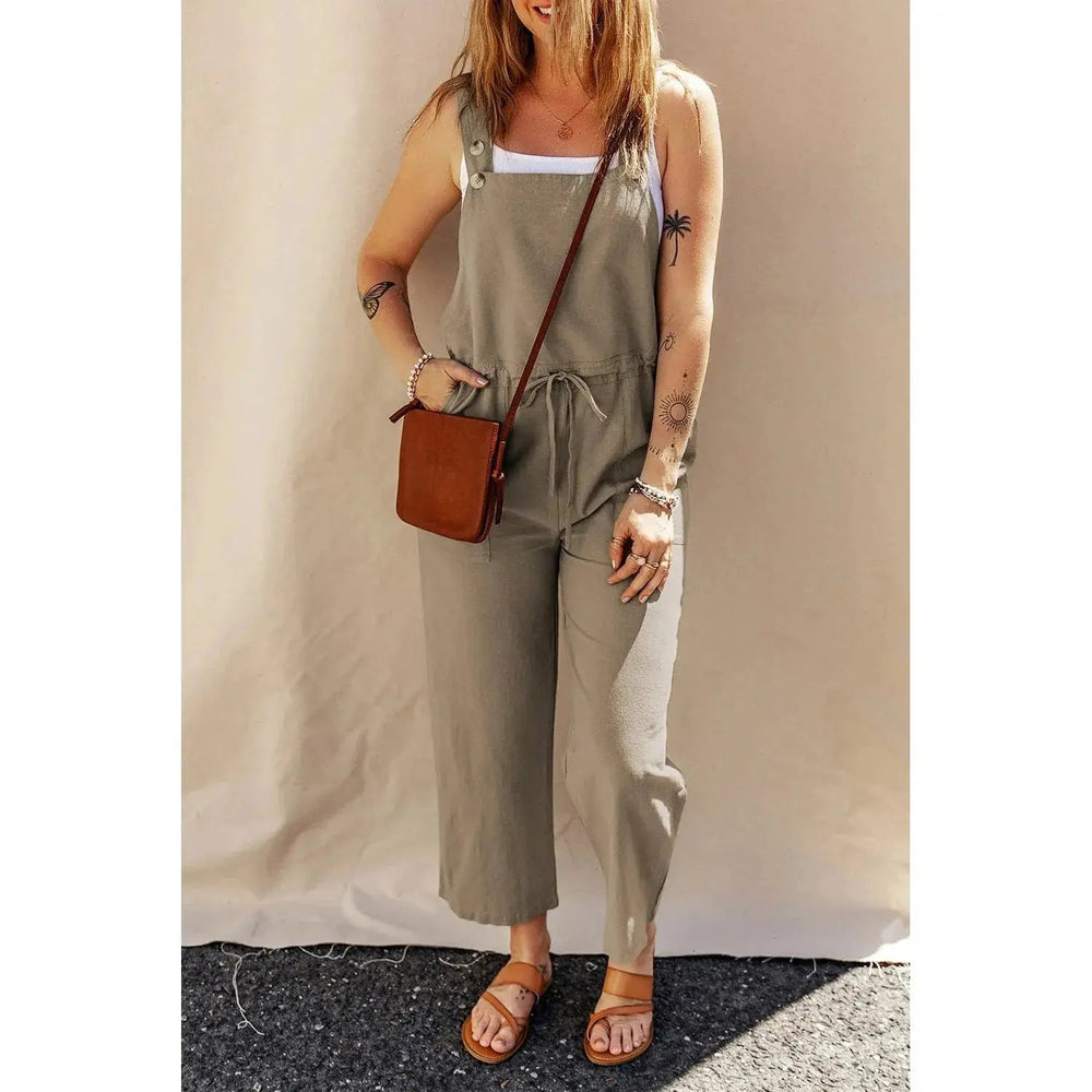 Sage Green Drawstring Buttoned Straps Cropped Overall - LECCE