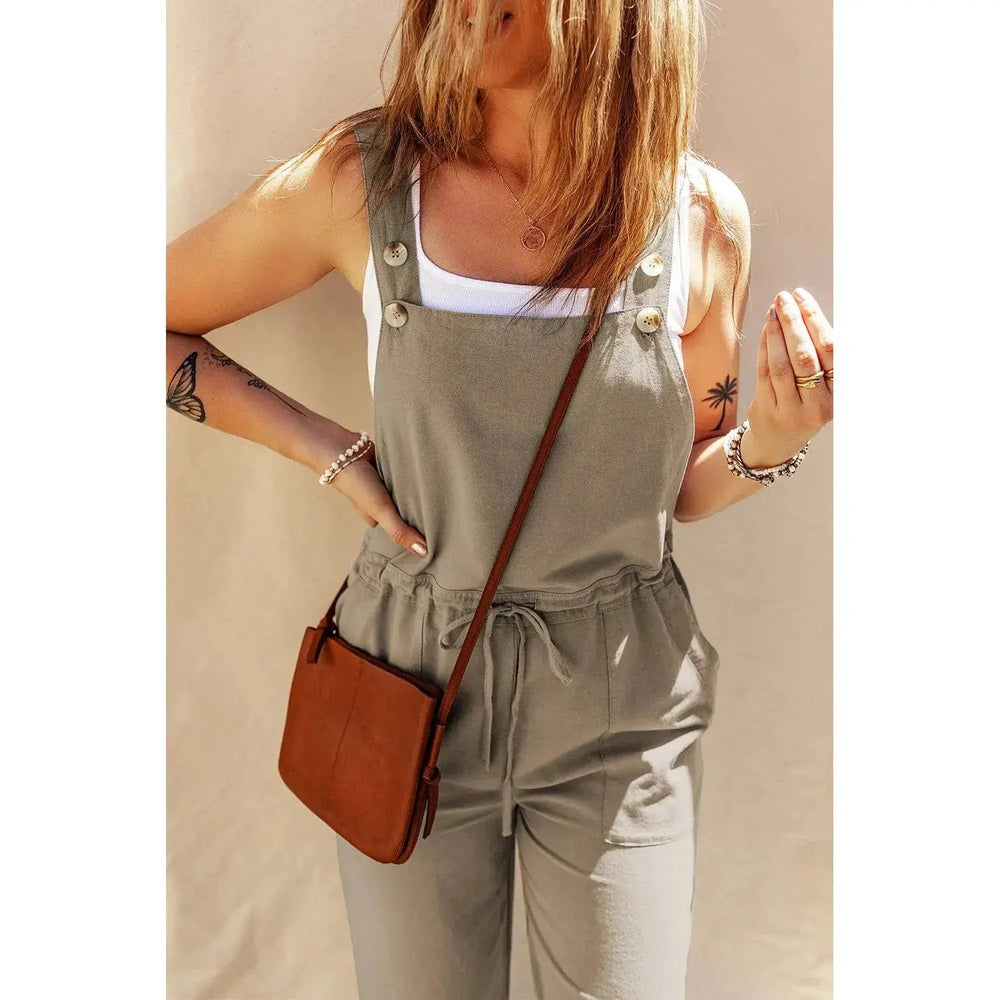 Sage Green Drawstring Buttoned Straps Cropped Overall - LECCE
