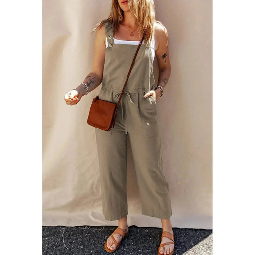 Sage Green Drawstring Buttoned Straps Cropped Overall - LECCE