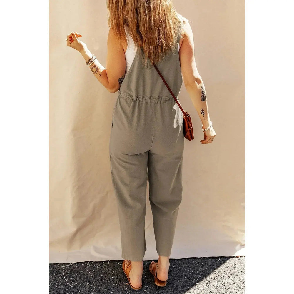 Sage Green Drawstring Buttoned Straps Cropped Overall - LECCE
