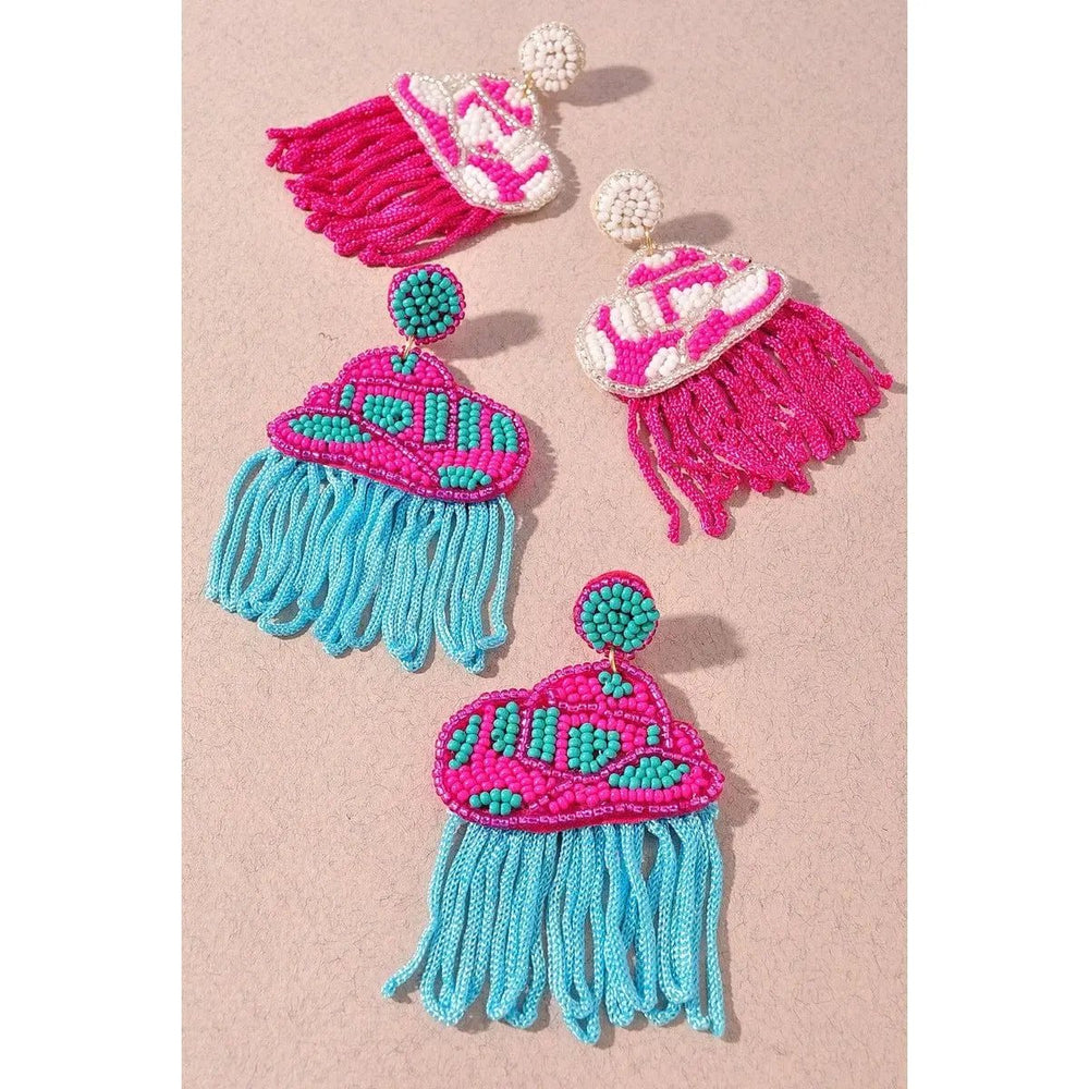 Seed Bead Rodeo Western Hat Tassel Dangle Earrings - LECCE