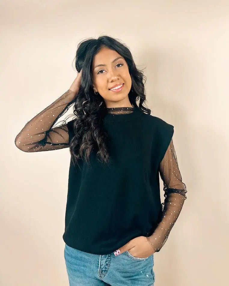 Sequins Sheer Mock Neck Long Sleeve Top