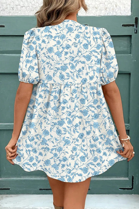 Sky Blue Floral Bow Puff Sleeve Mini Dress - LECCE
