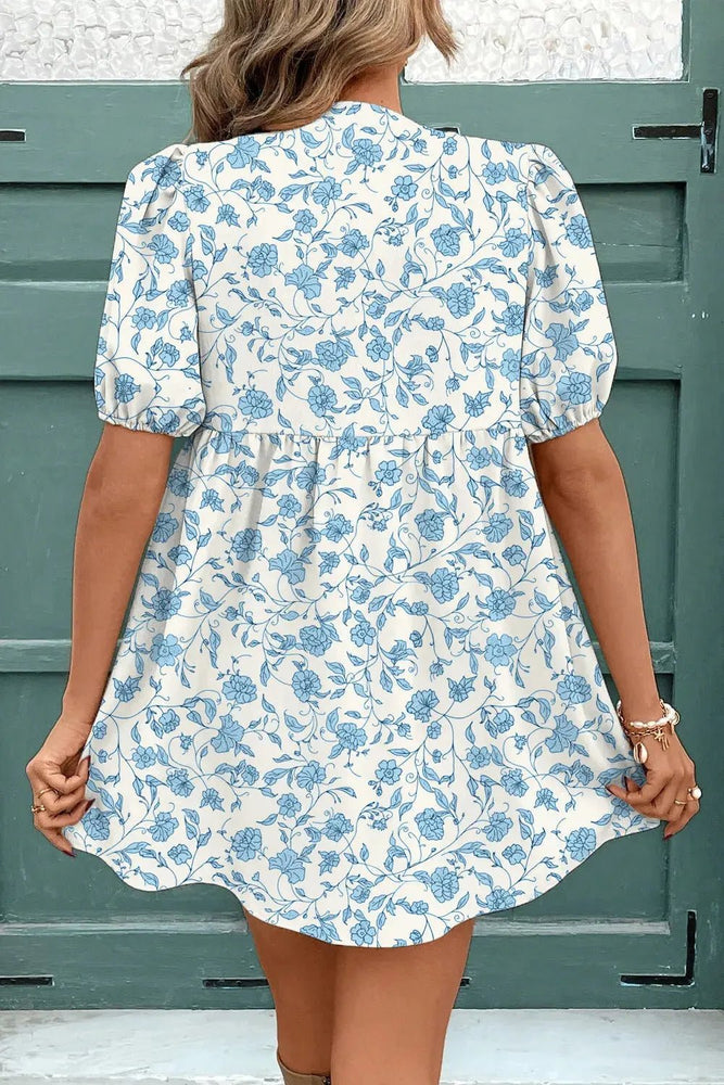 Sky Blue Floral Bow Puff Sleeve Mini Dress - LECCE