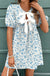 Sky Blue Floral Bow Puff Sleeve Mini Dress - LECCE