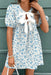 Sky Blue Floral Bow Puff Sleeve Mini Dress - LECCE