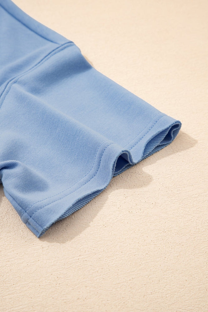 Sky Blue Solid Color Contrast Textured Patchwork Raw Edge 2pcs Short Set - LECCE