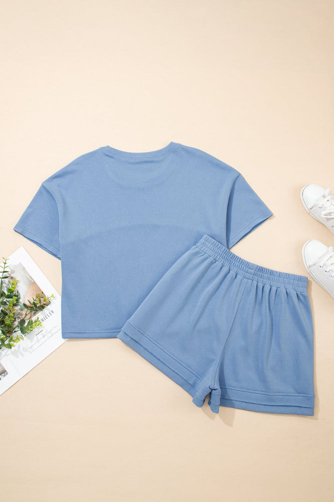 Sky Blue Solid Color Contrast Textured Patchwork Raw Edge 2pcs Short Set - LECCE