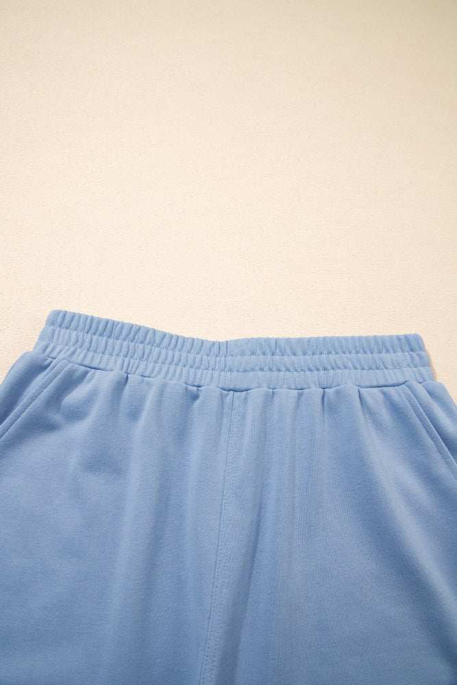 Sky Blue Solid Color Contrast Textured Patchwork Raw Edge 2pcs Short Set - LECCE