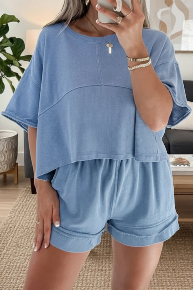 Sky Blue Solid Color Contrast Textured Patchwork Raw Edge 2pcs Short Set - LECCE