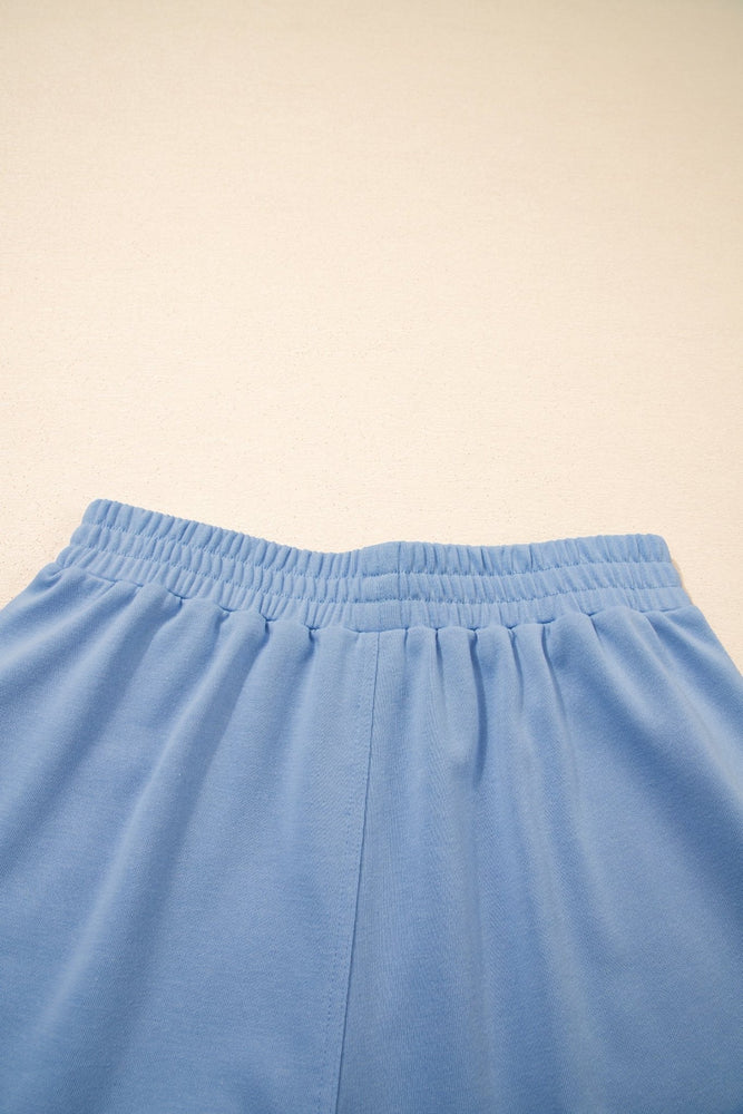 Sky Blue Solid Color Contrast Textured Patchwork Raw Edge 2pcs Short Set - LECCE