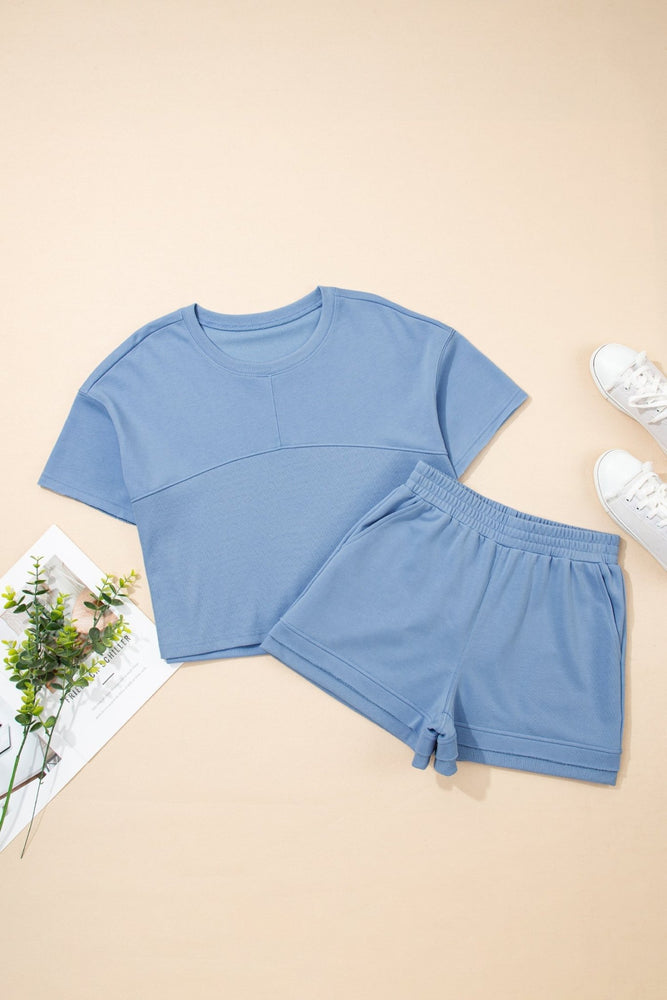 Sky Blue Solid Color Contrast Textured Patchwork Raw Edge 2pcs Short Set - LECCE