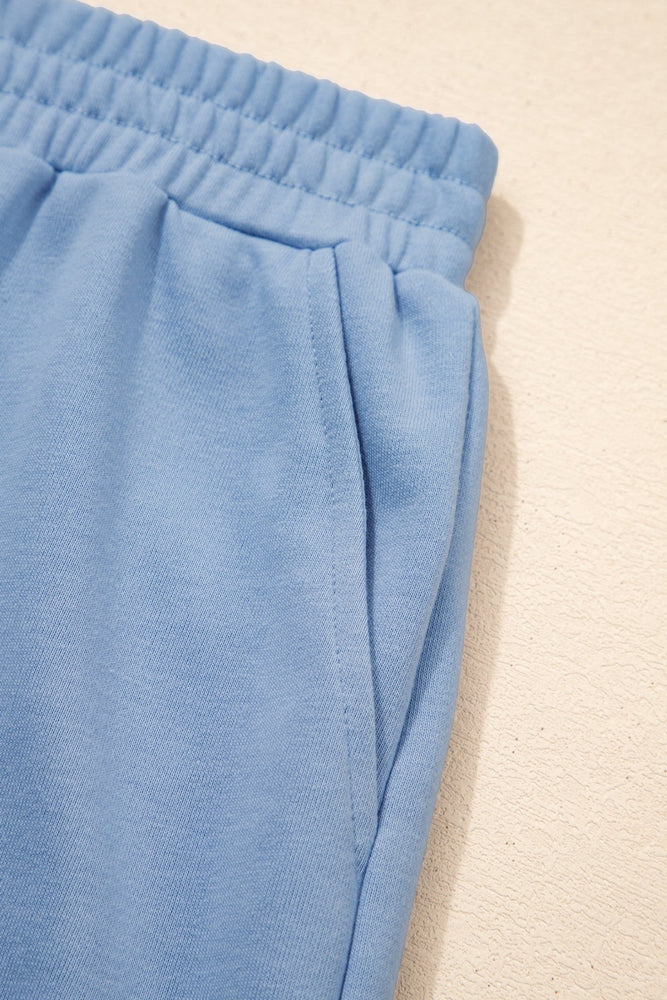 Sky Blue Solid Color Contrast Textured Patchwork Raw Edge 2pcs Short Set - LECCE