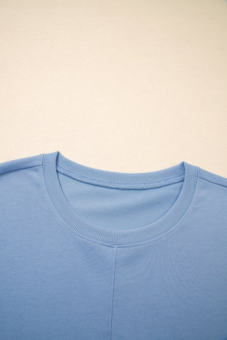 Sky Blue Solid Color Contrast Textured Patchwork Raw Edge 2pcs Short Set - LECCE