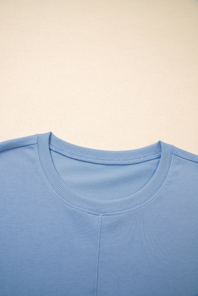 Sky Blue Solid Color Contrast Textured Patchwork Raw Edge 2pcs Short Set - LECCE