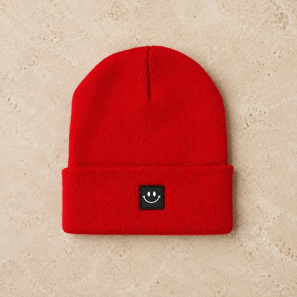 Smiley Face Patch Beanie in ruby on cream stone - LECCE catalog