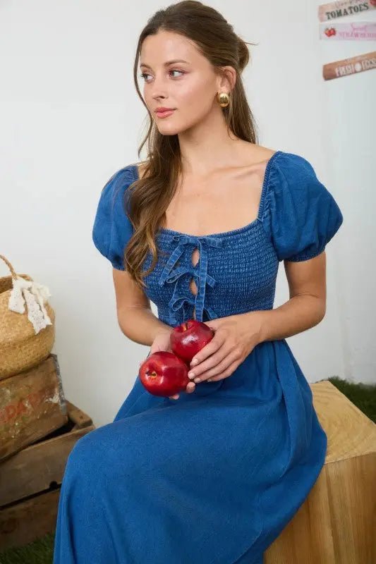 Smocked Denim Midi Dress with Puff Sleeves & Tie Detail - LECCE