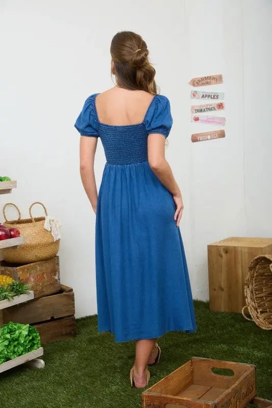 Smocked Denim Midi Dress with Puff Sleeves & Tie Detail - LECCE