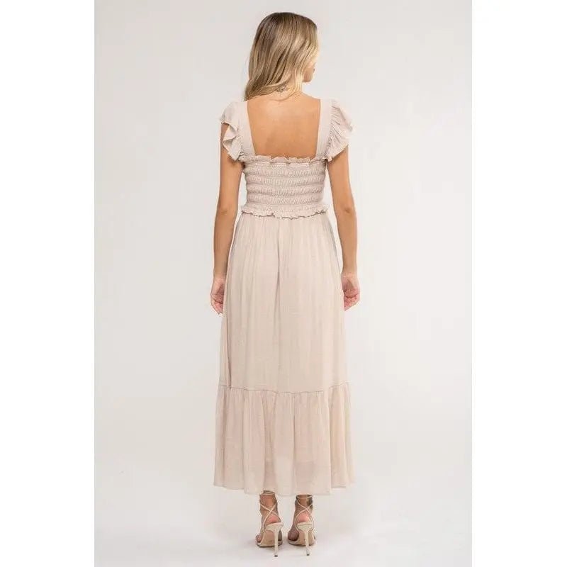 Smocked Ruffle Sleeve Midi Dress