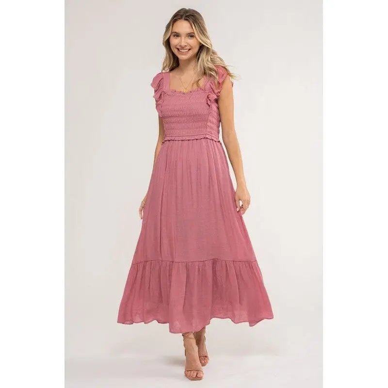 Smocked Ruffle Sleeve Midi Dress - LECCE