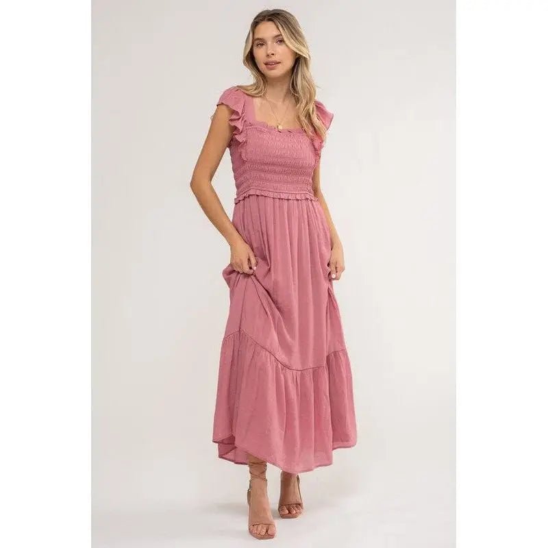 Smocked Ruffle Sleeve Midi Dress - LECCE