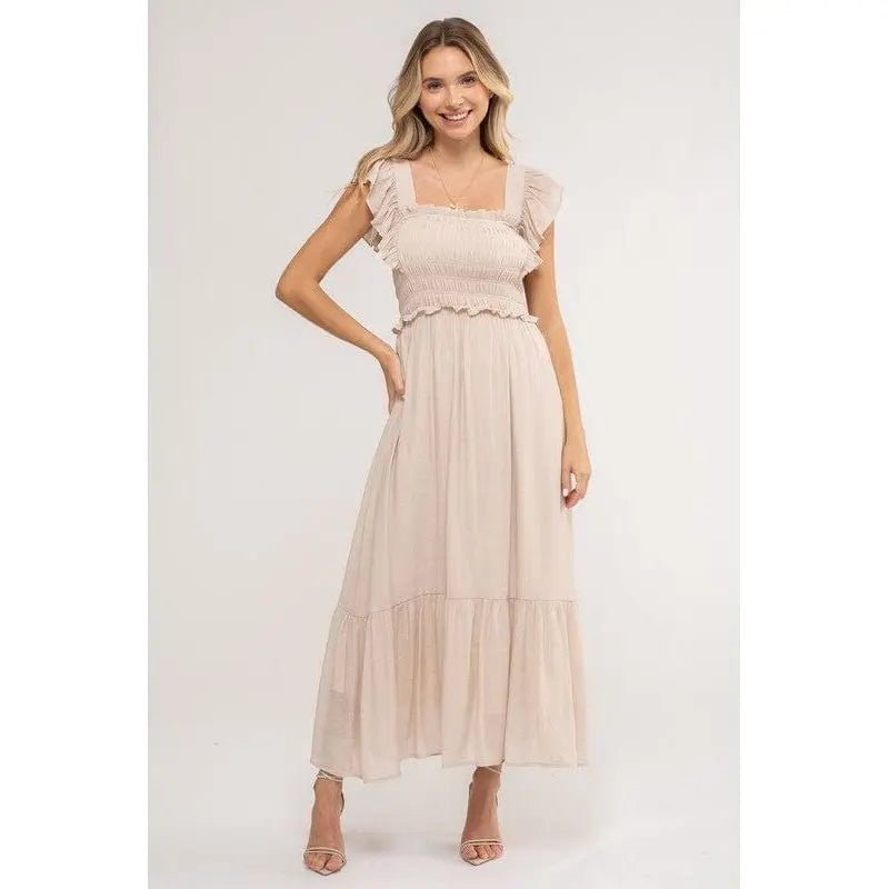 Smocked Ruffle Sleeve Midi Dress