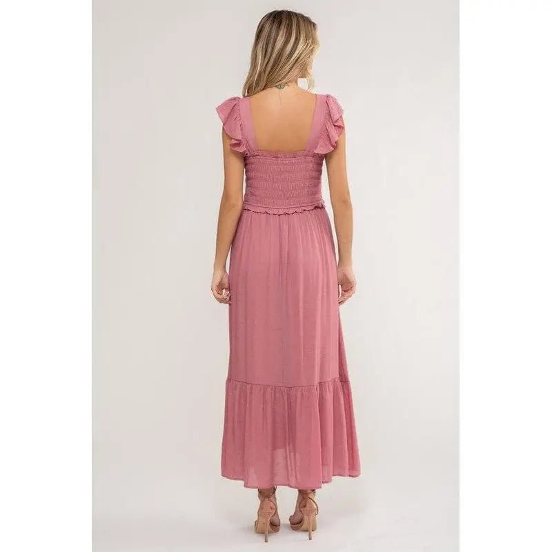 Smocked Ruffle Sleeve Midi Dress - LECCE