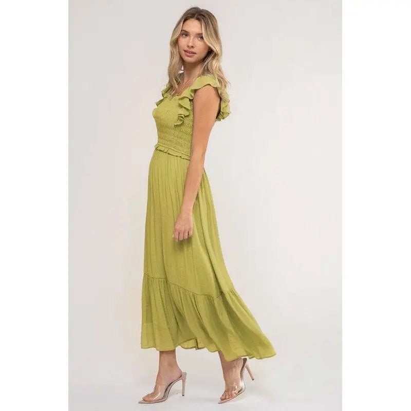Smocked Ruffle Sleeve Midi Dress - LECCE