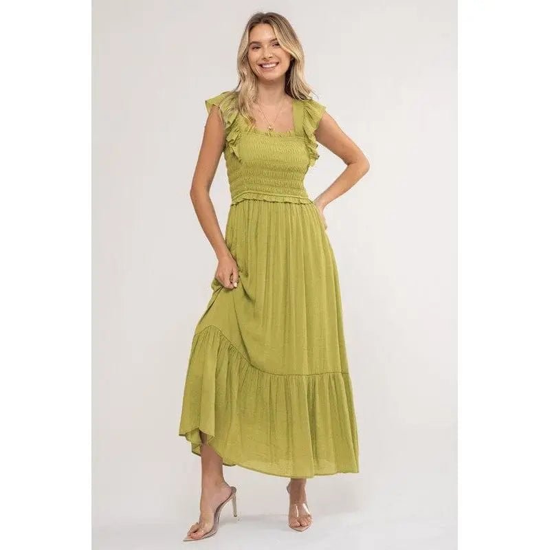 Smocked Ruffle Sleeve Midi Dress - LECCE