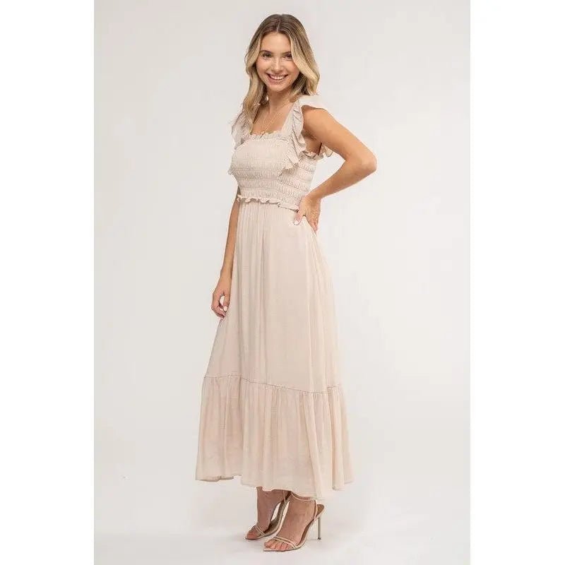 Smocked Ruffle Sleeve Midi Dress - LECCE