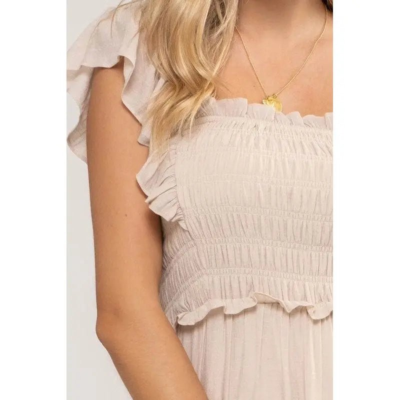 Smocked Ruffle Sleeve Midi Dress - LECCE