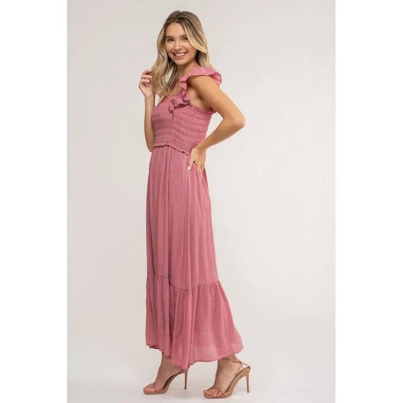 Smocked Ruffle Sleeve Midi Dress - LECCE