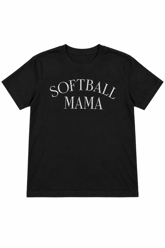 Softball Mama embroidered black tee on white background