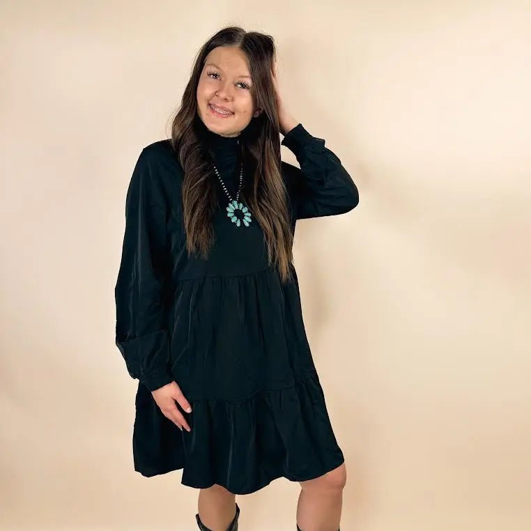 Split Neck Long Puff Sleeve Loose Dress