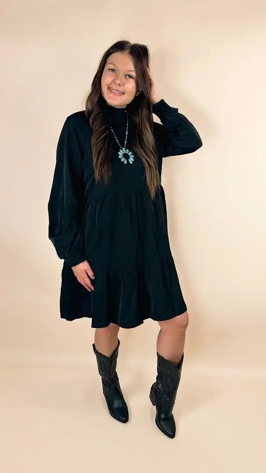 Split Neck Long Puff Sleeve Loose Dress