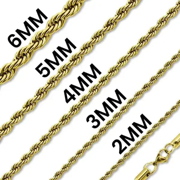 Gold stainless steel rope chain thickness guide