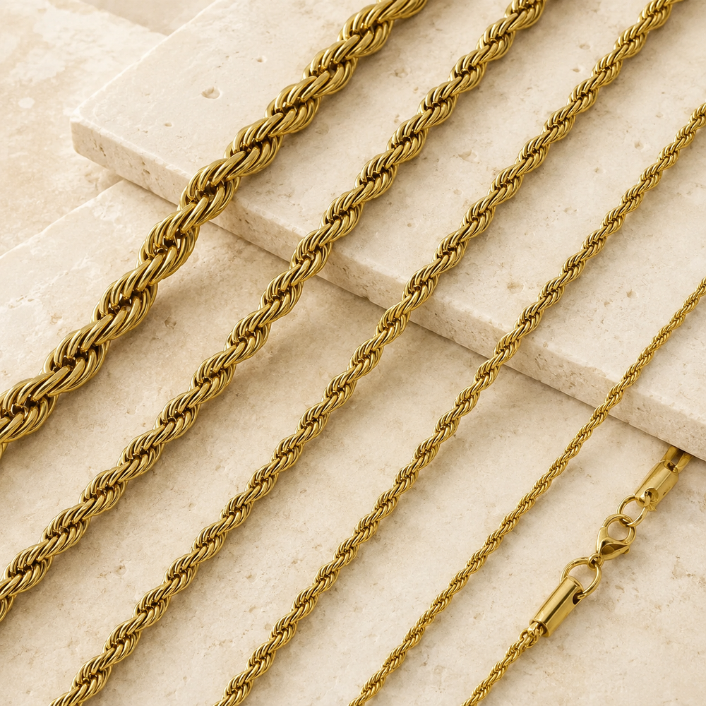 Stainless Steel Rope Chain Necklace 5mm on cream stone background