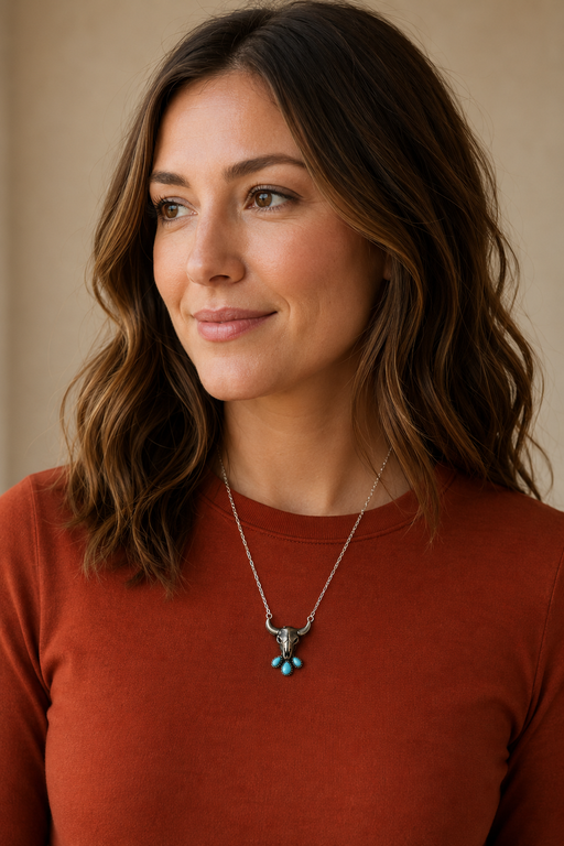 Model wearing Western Steerhead Turquoise Pendant Necklace