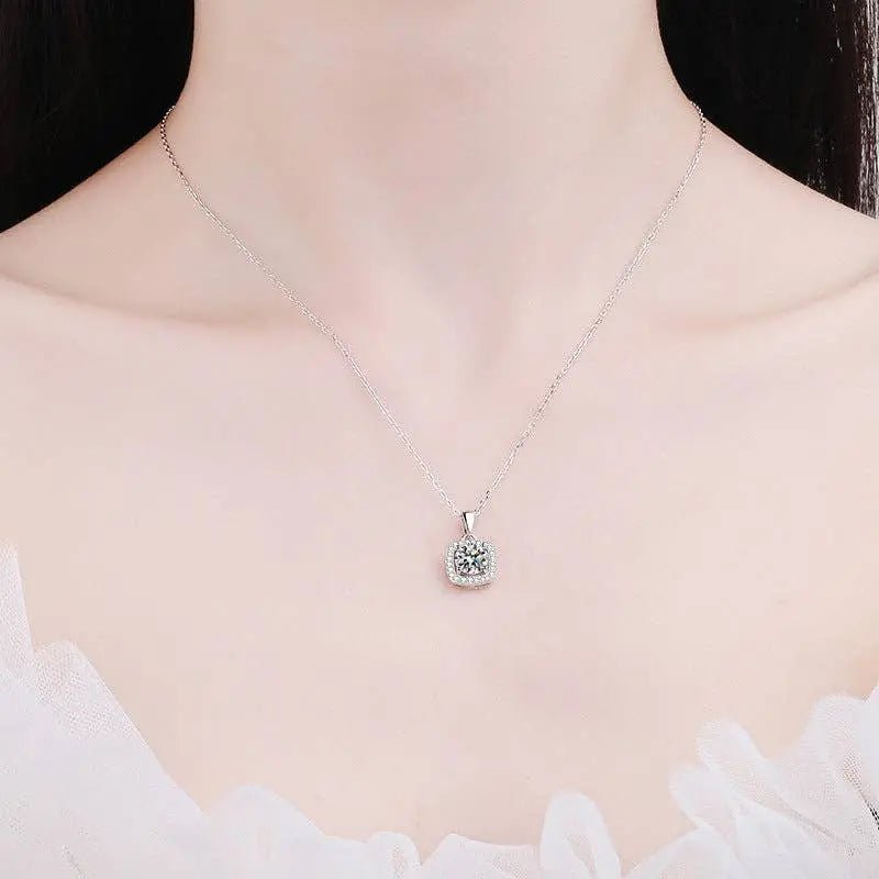 Sterling Silver Four-Prong Halo Moissanite Necklace