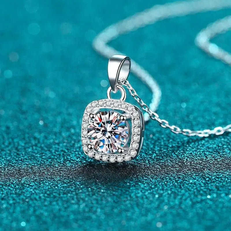 Sterling Silver Four - Prong Halo Moissanite Necklace - LECCE