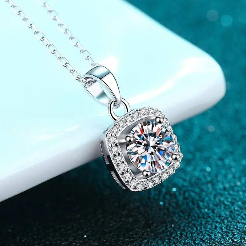 Sterling Silver Four - Prong Halo Moissanite Necklace - LECCE
