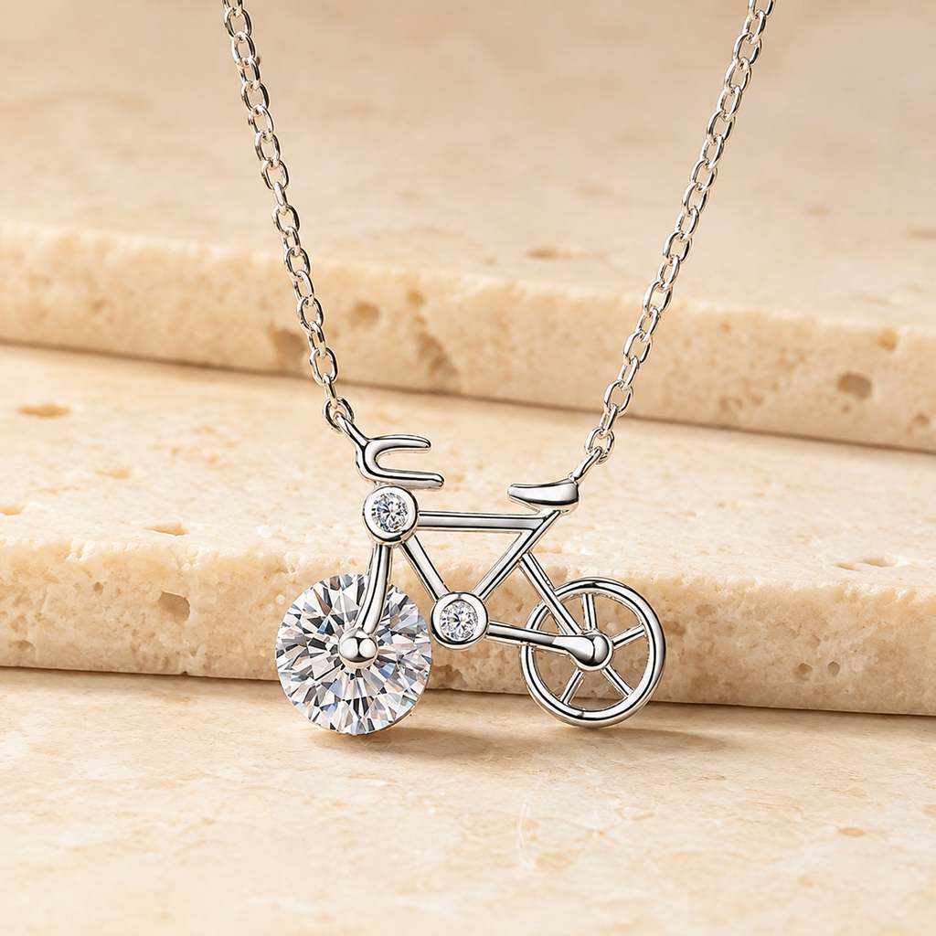 Sterling Silver Moissanite Bicycle Pendant Necklace