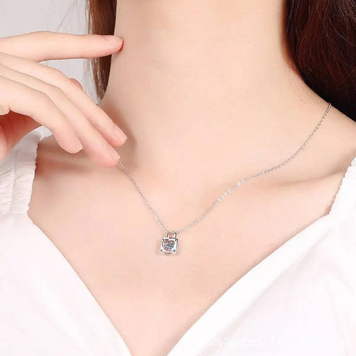 Sterling Silver Moissanite Heart Lock Charm Necklace - LECCE