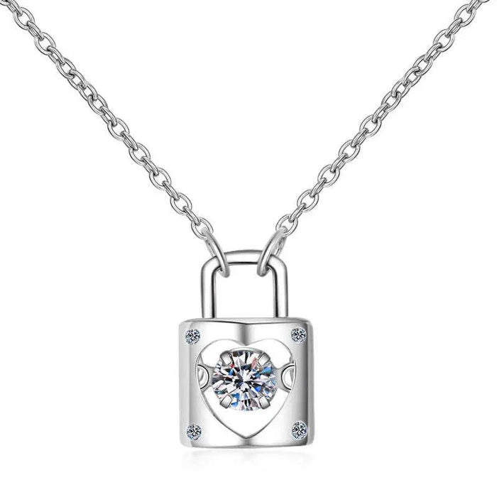 Sterling Silver Moissanite Heart Lock Charm Necklace - LECCE